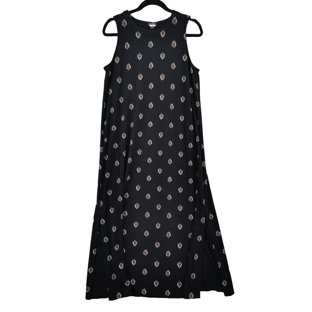 J. Jill Womens Boho Classic Maxi Slit Travel Dress M Black Medallion Sleeveless